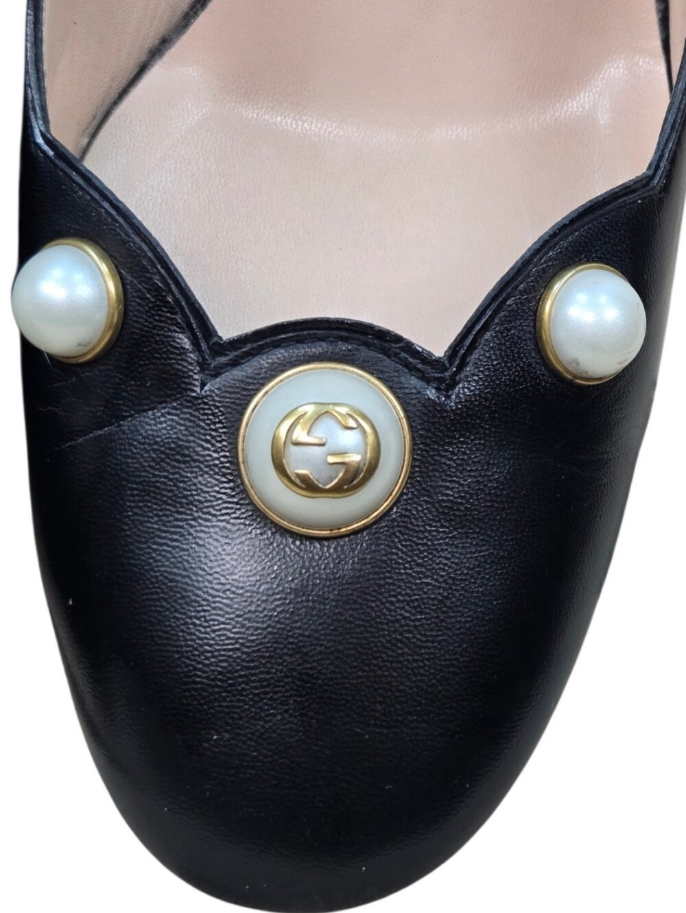 GUCCI Black Leather Pearl Embellished Scallop Pumps Heels Gold GG Logo EU 40 - Picture 6 of 14
